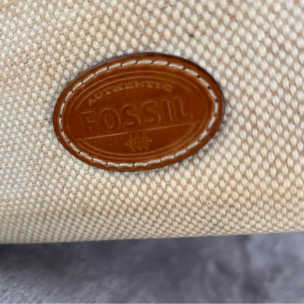 Fossil Zip‎ Around Woven Canvas Wallet Polka Dots Beige Tan With Turquoise Flaws